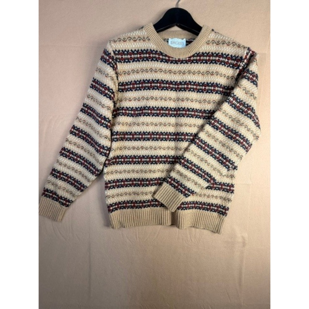 Vintage Lord Jeff Fair Isle Sweater L Made USA Tan Red Blue Crewneck